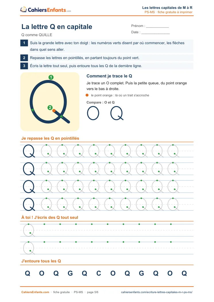 Fiche d'écriture de la lettre capitale Q à tracer en maternelle à imprimer
