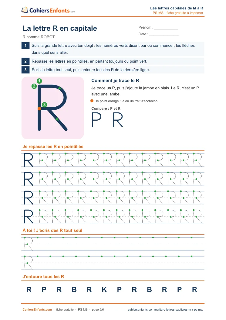 Fiche d'écriture de la lettre capitale R à tracer en maternelle à imprimer