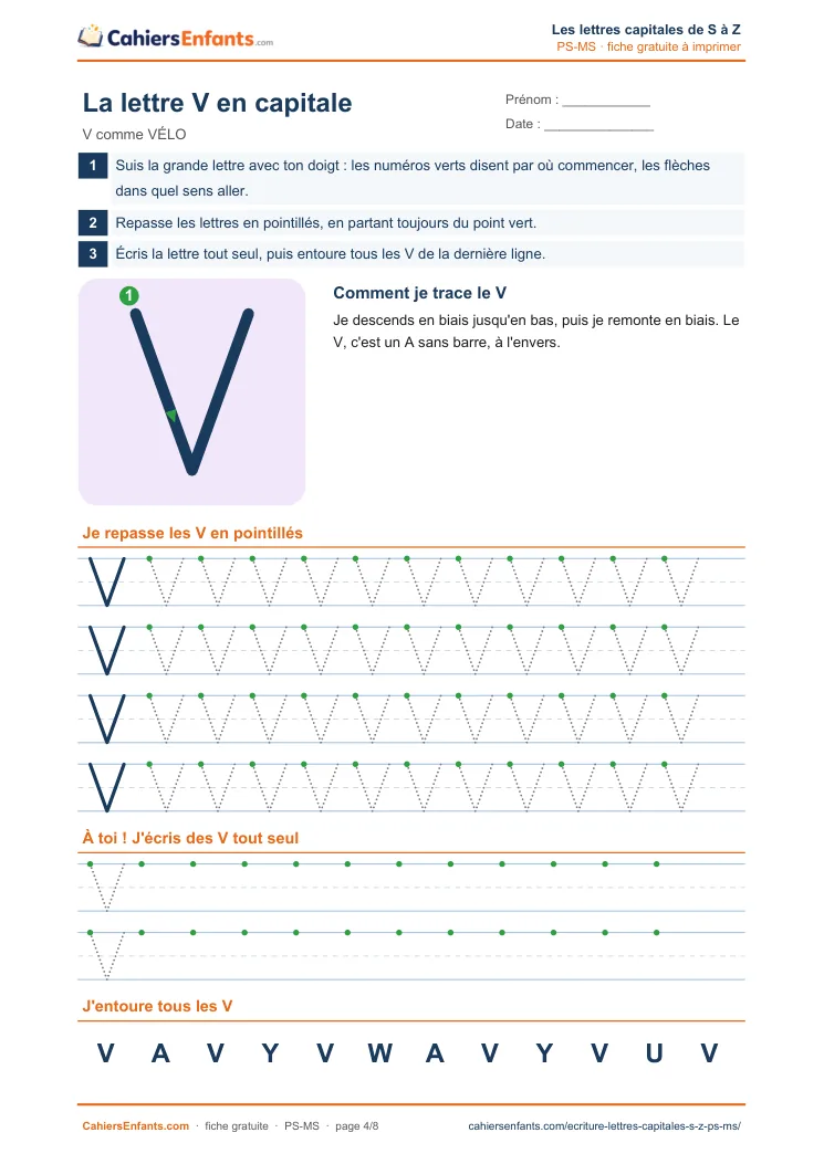 Fiche d'écriture de la lettre capitale V à tracer en maternelle à imprimer