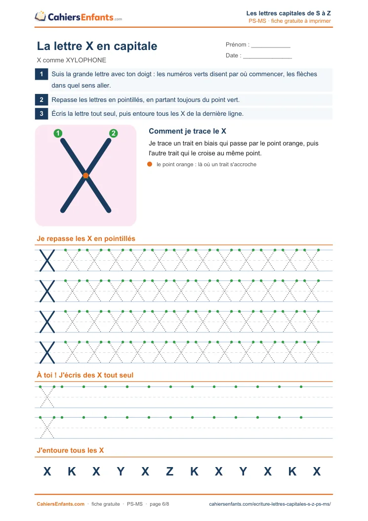 Fiche d'écriture de la lettre capitale X à tracer en maternelle à imprimer