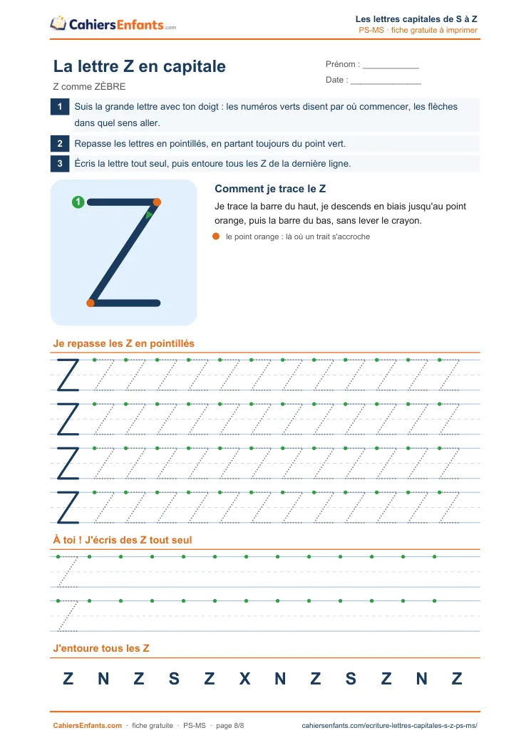Fiche d'écriture de la lettre capitale Z à tracer en maternelle à imprimer