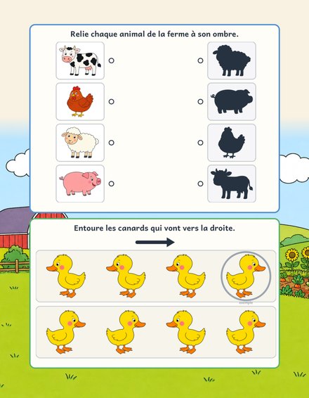 Une page du cahier Mon cahier d’activités maternelle PS : relier chaque animal de la ferme à son ombre et entourer les canards qui vont vers la droite