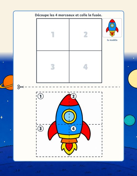 Une page du cahier Mon cahier d’activités maternelle PS : découper les quatre morceaux d’une fusée et les coller pour la reconstituer