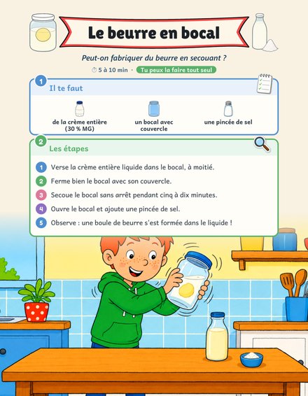 Une page de Mon cahier des Expériences de Chimie : le beurre en bocal, avec le matériel et les étapes