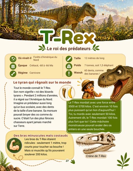 Une page de Mon encyclopédie des Dinosaures : la fiche du T-Rex, le roi des prédateurs, avec sa carte d'identité