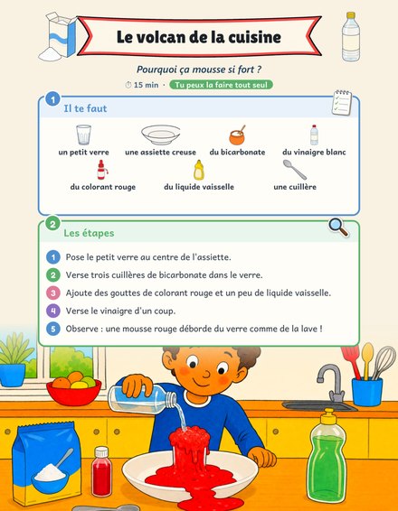 Une page de Mon cahier des Expériences Scientifiques : le volcan de la cuisine, avec le matériel et les étapes illustrées