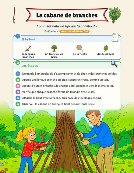 Une page de Mon Cahier Anti-Ennui : la cabane de branches, avec le matériel et les étapes pour bâtir un tipi