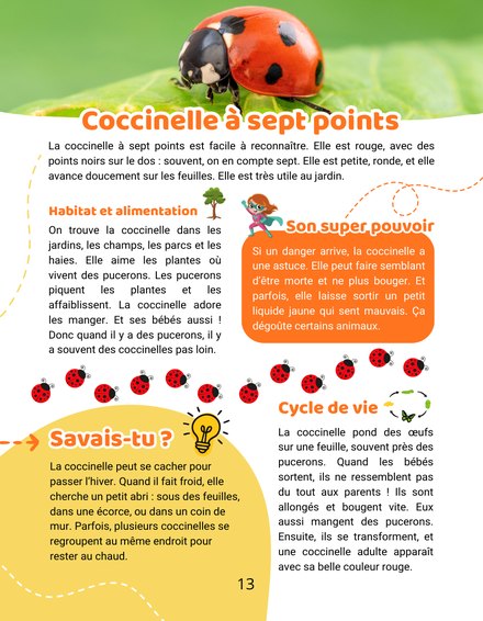 Une page de Mon Encyclopédie des Insectes : la fiche de la coccinelle à sept points, son habitat, son super pouvoir et son cycle de vie