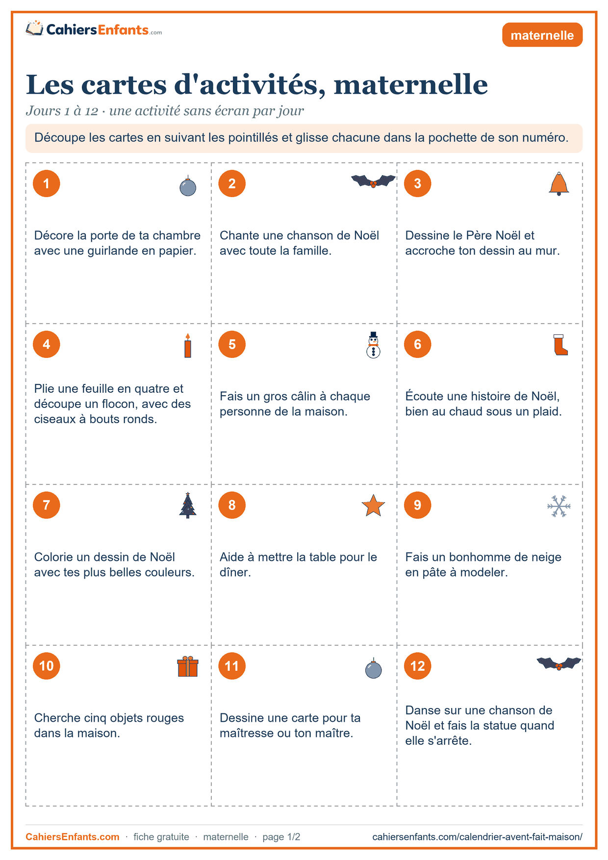 Calendrier de l'Avent fait maison à imprimer : 24 cartes maternelle, une activité par jour