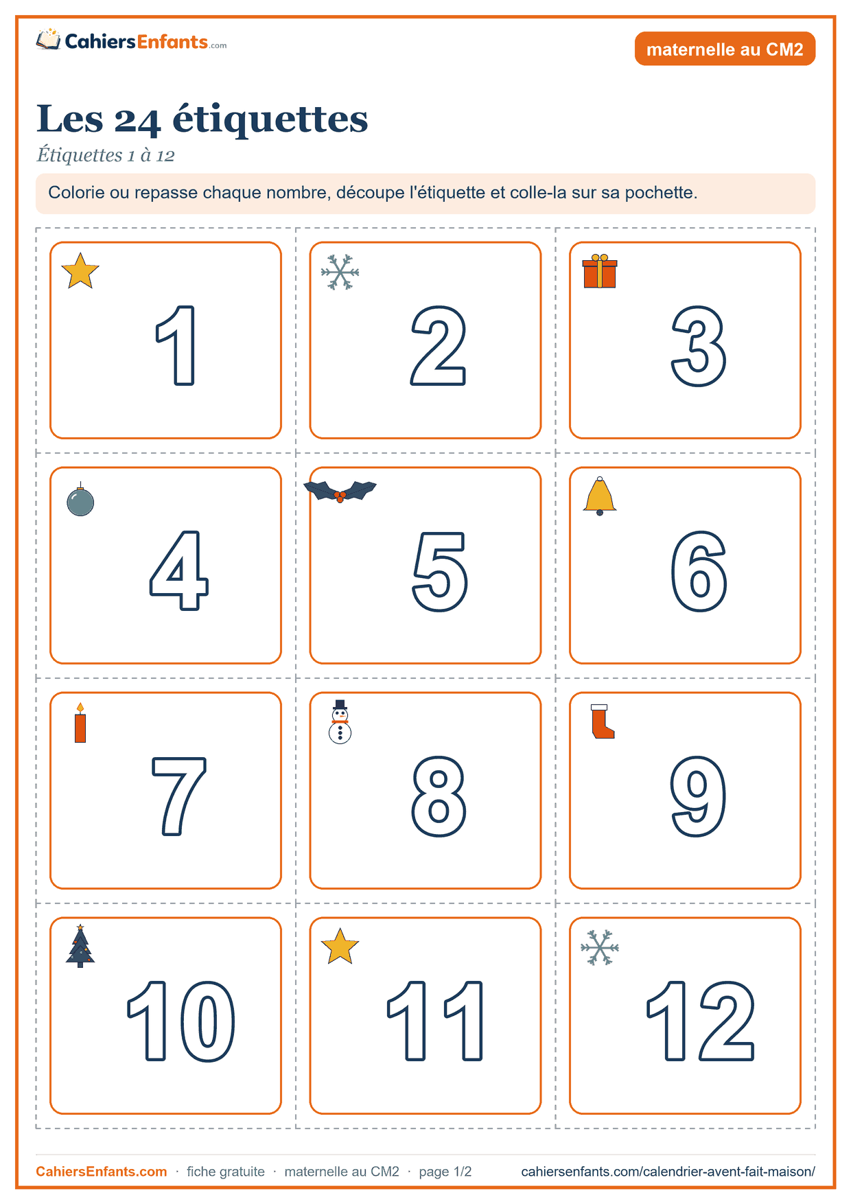 Calendrier de l'Avent fait maison à imprimer : les 24 étiquettes, nombres à colorier