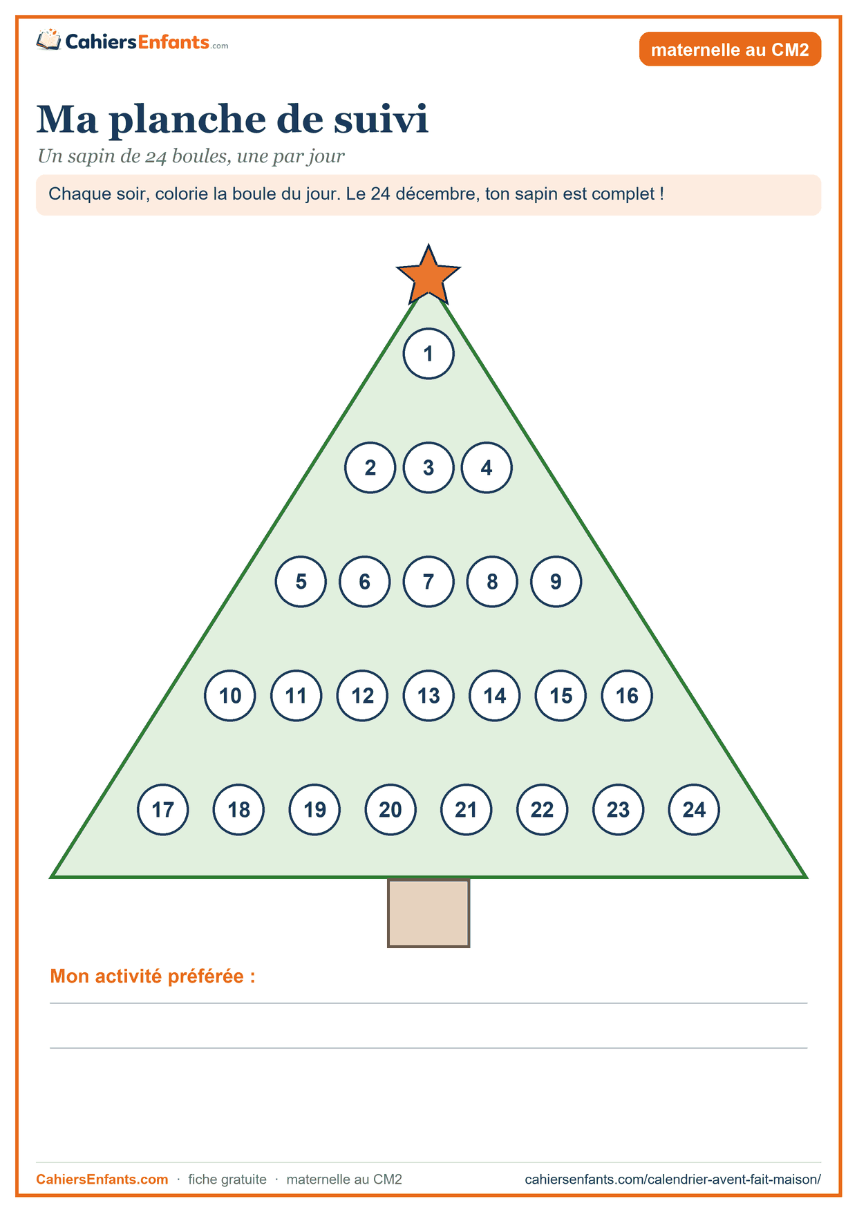 Calendrier de l'Avent fait maison à imprimer : la planche de suivi, un sapin de 24 boules
