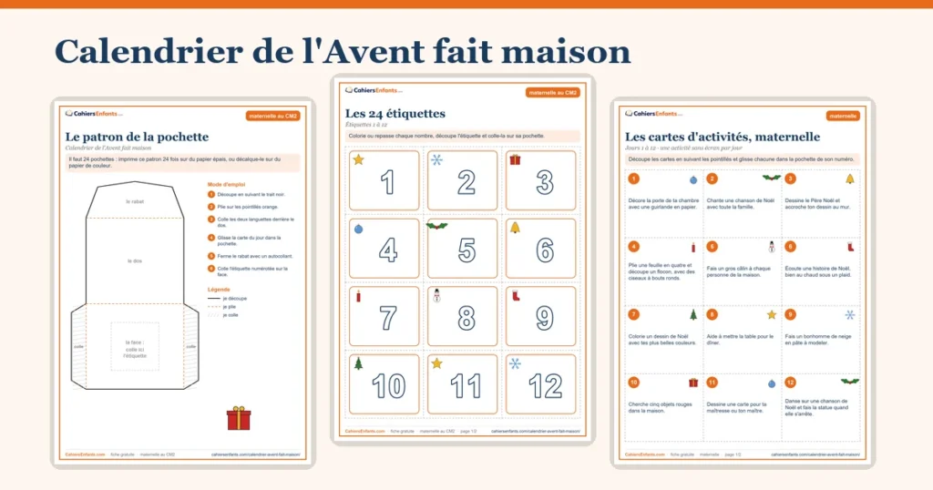 Calendrier de l'Avent fait maison à imprimer : pochettes, étiquettes et cartes d'activités