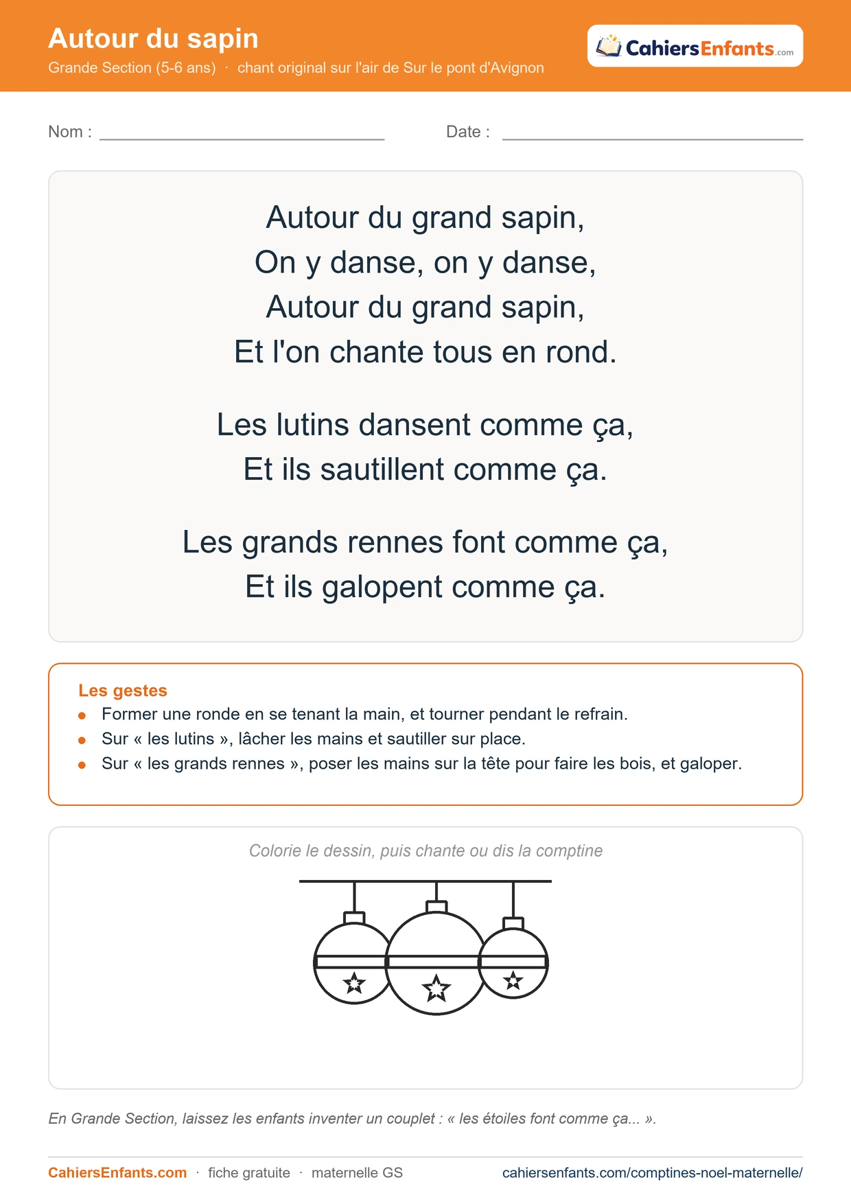Chant de Noël GS à imprimer : Autour du sapin, paroles, gestes et dessin à colorier