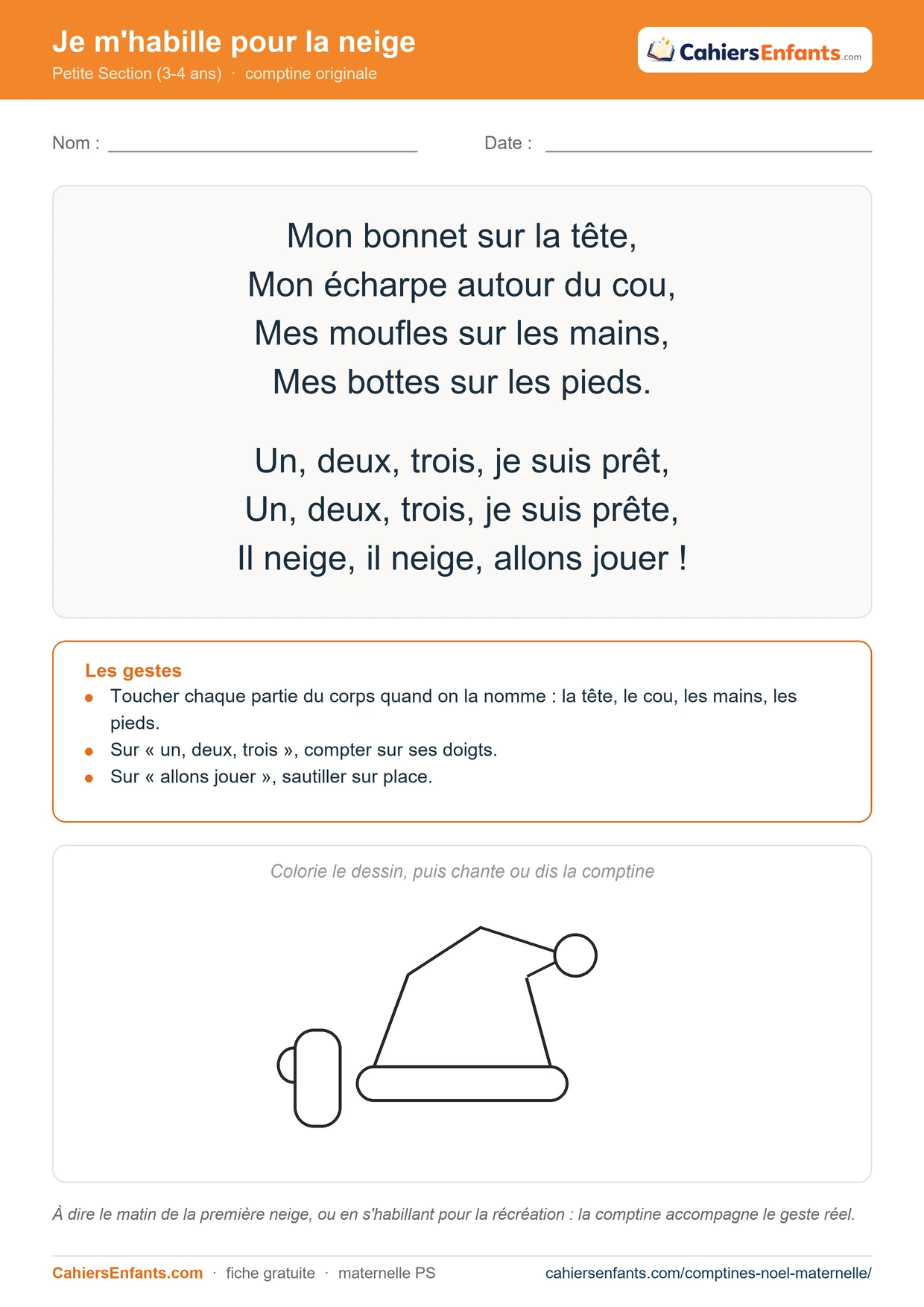 Comptine de Noël PS à imprimer : Je m'habille pour la neige, paroles, gestes et dessin à colorier
