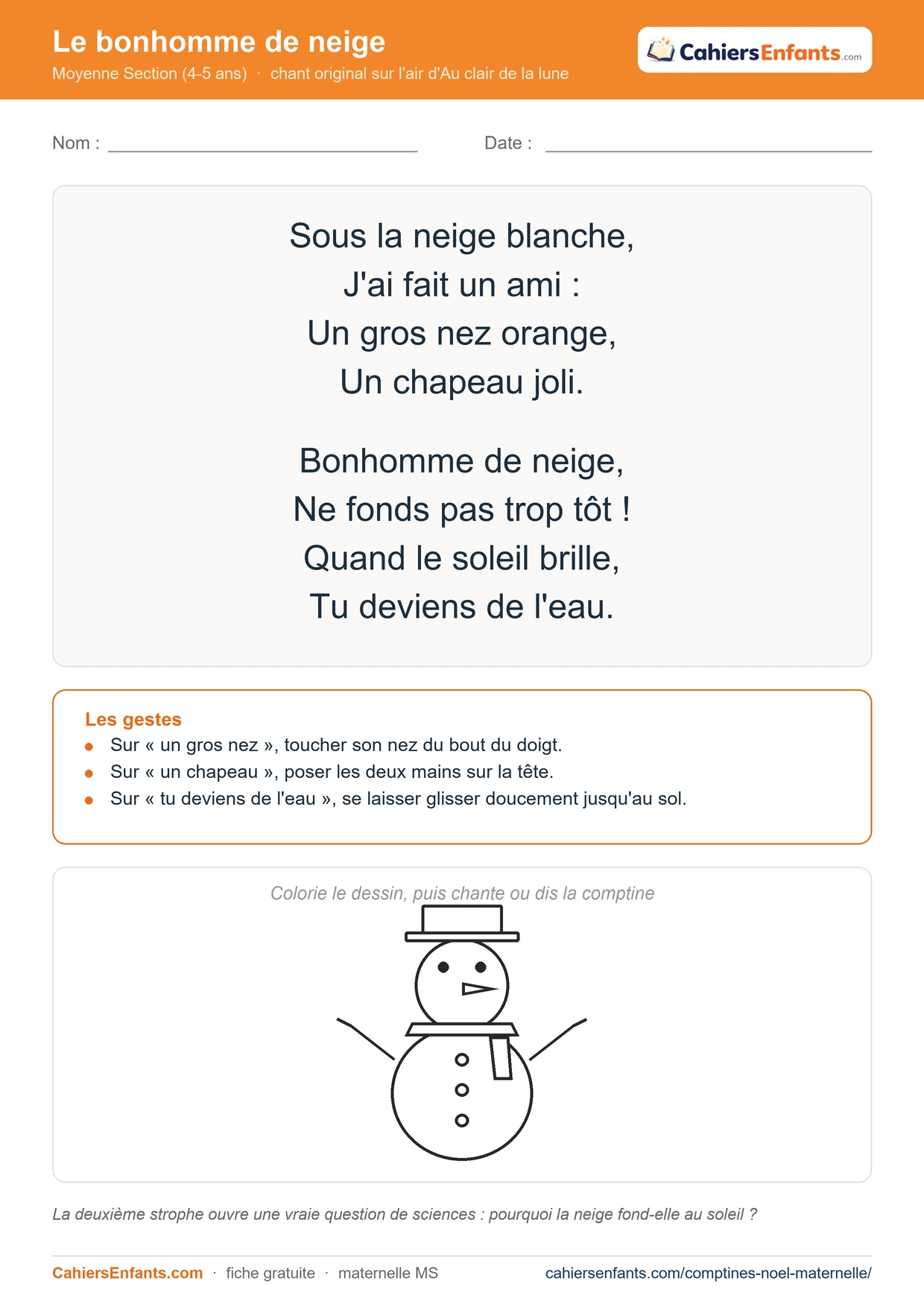 Chant de Noël MS à imprimer : Le bonhomme de neige, paroles, gestes et dessin à colorier