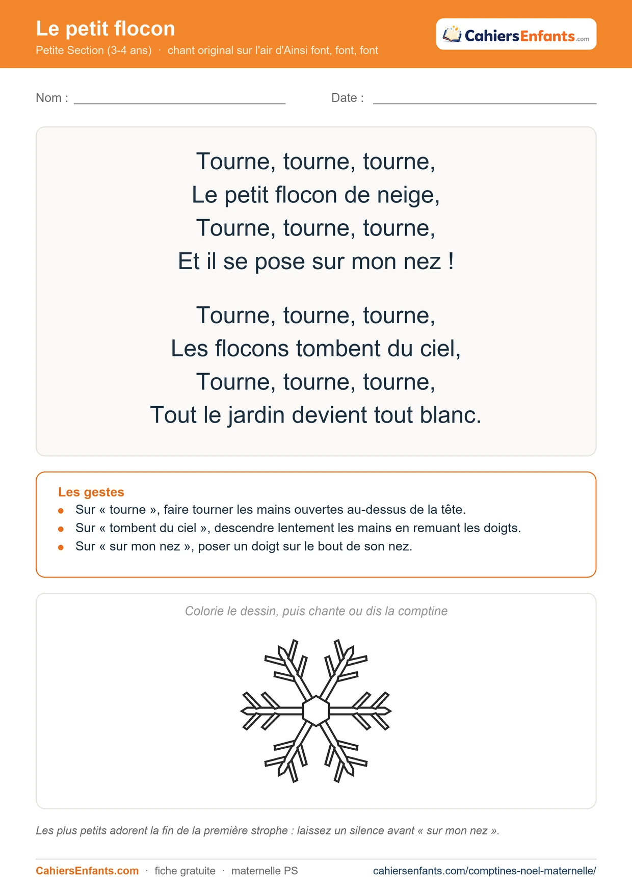 Chant de Noël PS à imprimer : Le petit flocon, paroles, gestes et dessin à colorier