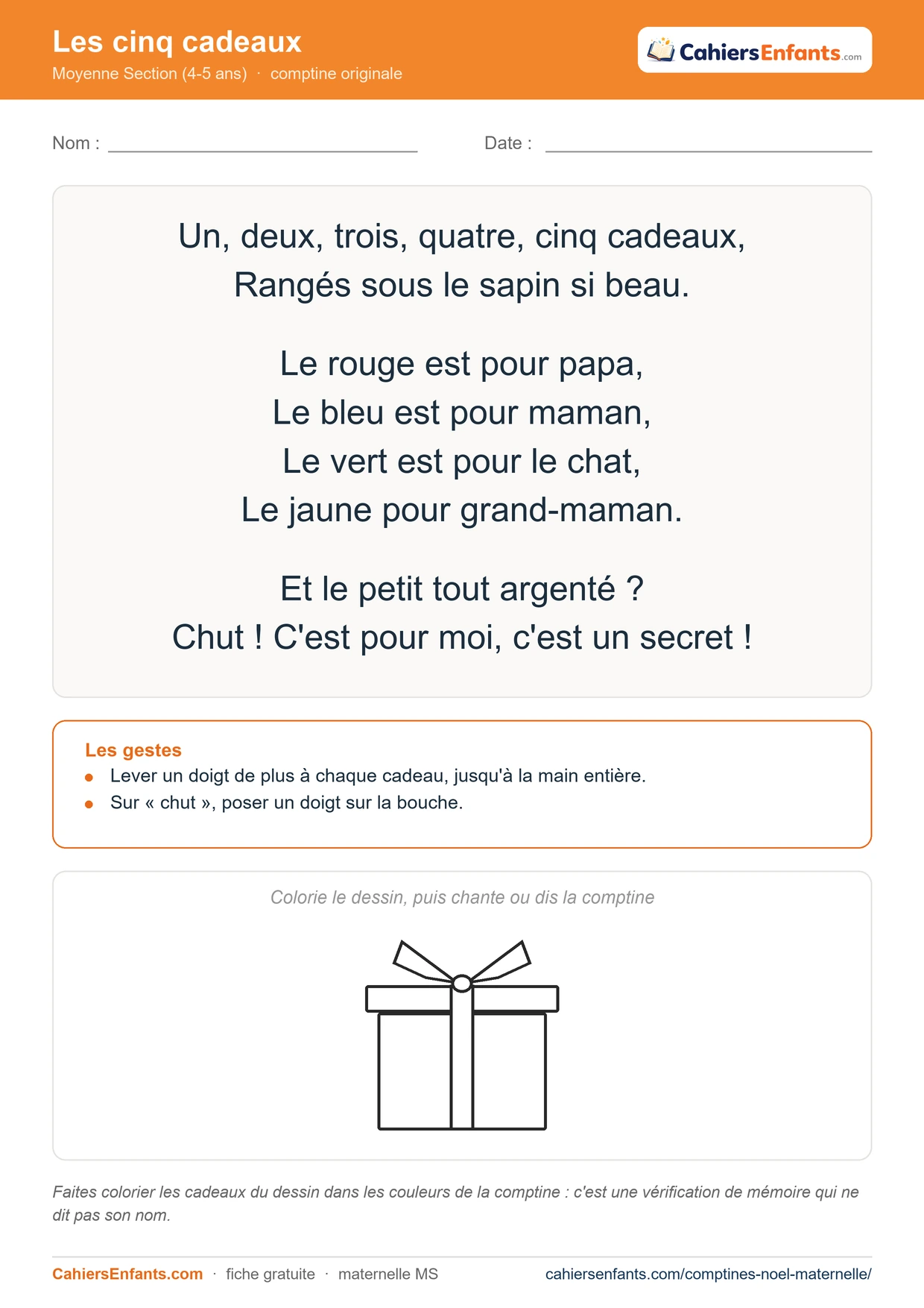 Comptine de Noël MS à imprimer : Les cinq cadeaux, paroles, gestes et dessin à colorier
