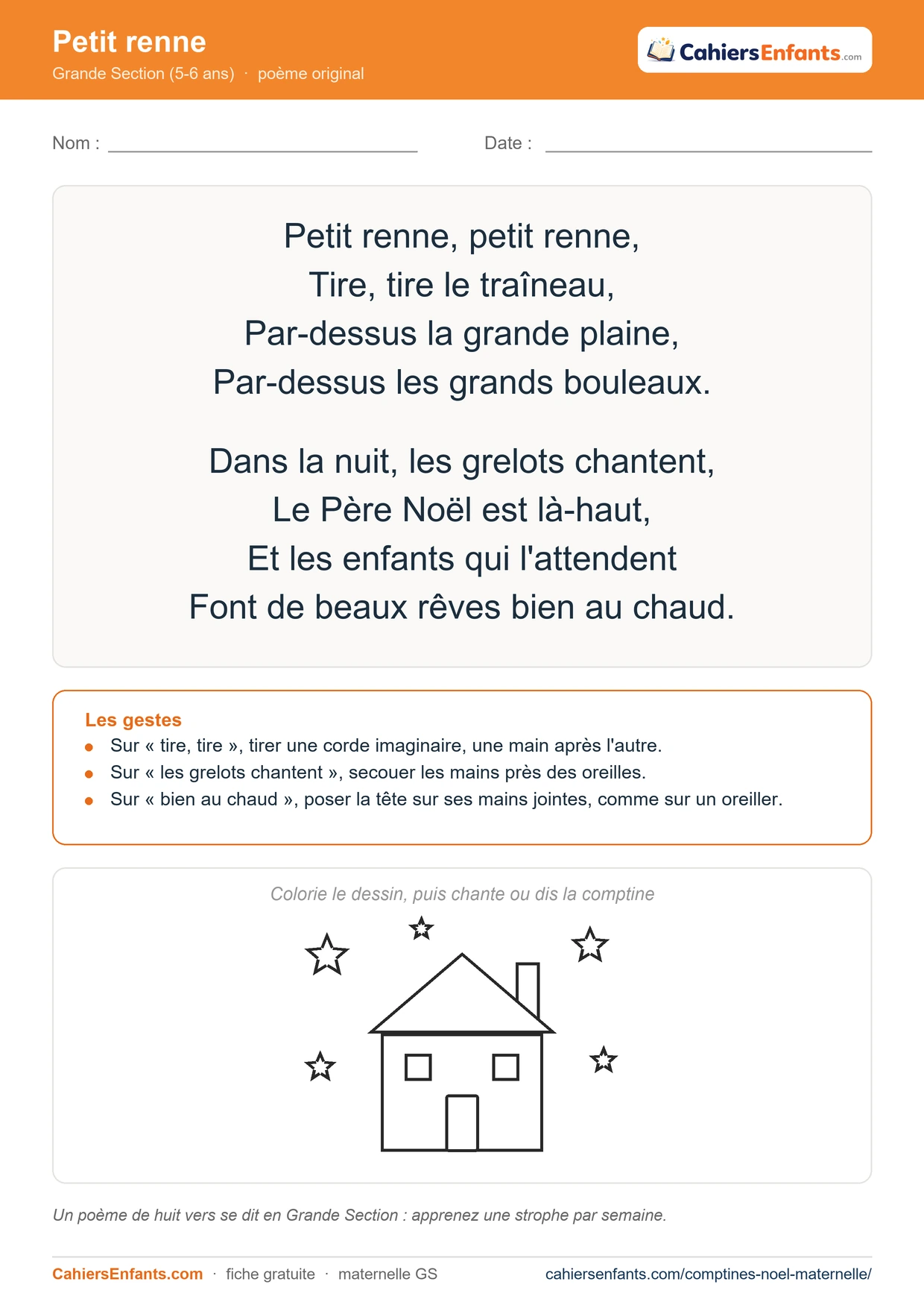 Poème de Noël GS à imprimer : Petit renne, paroles, gestes et dessin à colorier