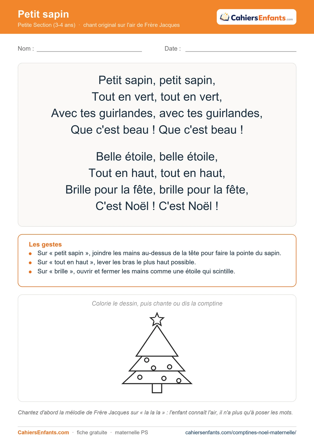 Chant de Noël PS à imprimer : Petit sapin, paroles, gestes et dessin à colorier