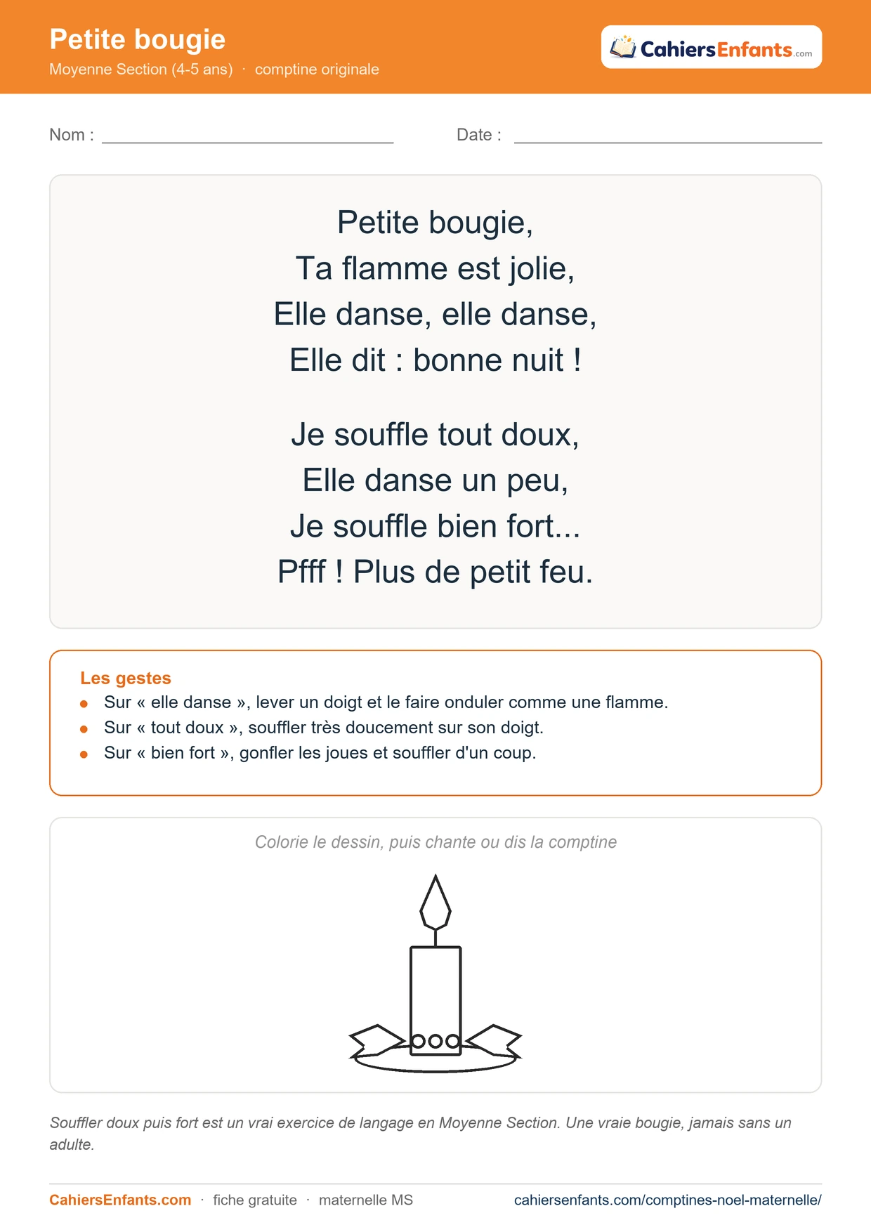 Comptine de Noël MS à imprimer : Petite bougie, paroles, gestes et dessin à colorier