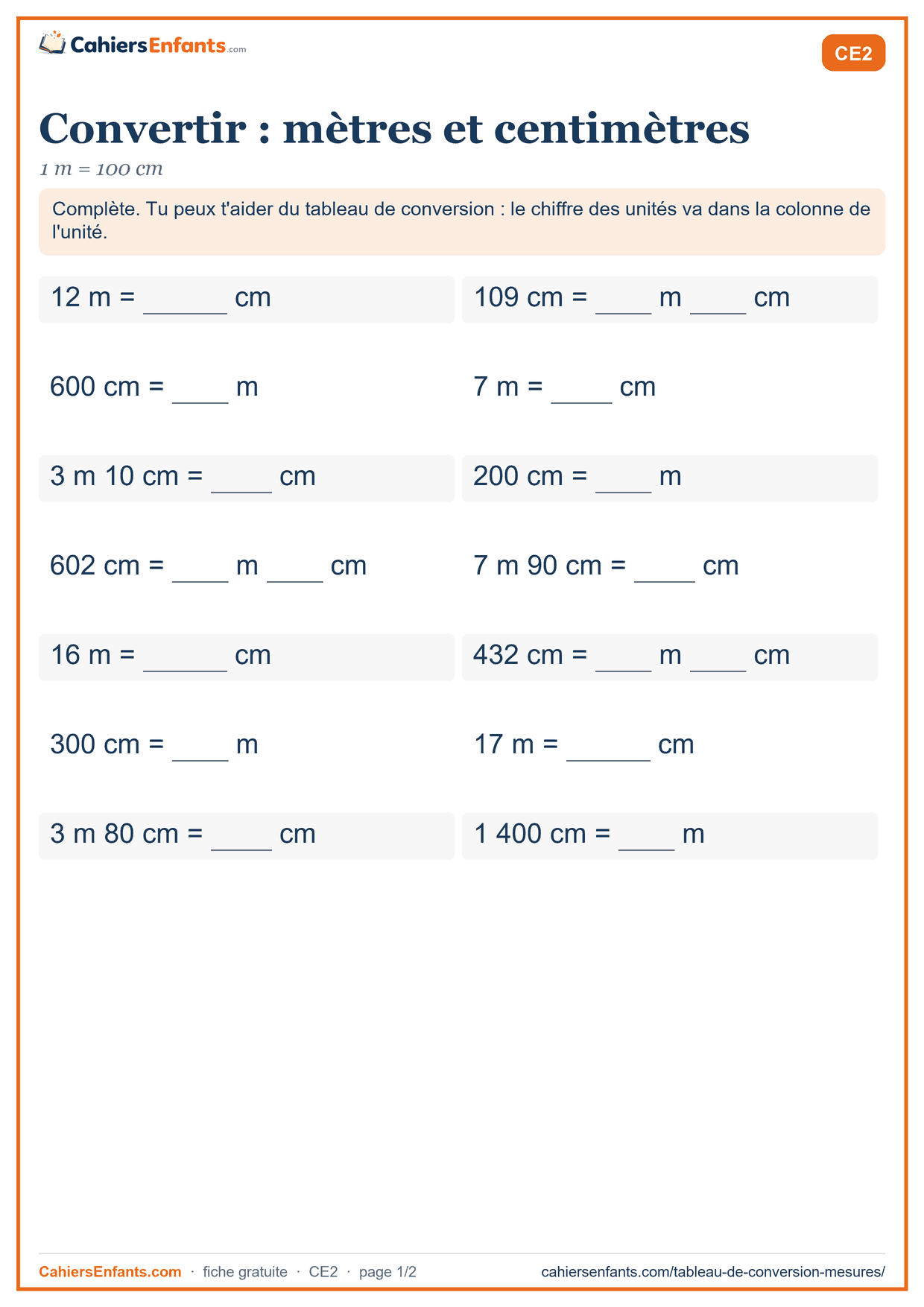 Fiche conversion CE2 à imprimer : mètres et centimètres, avec corrigé