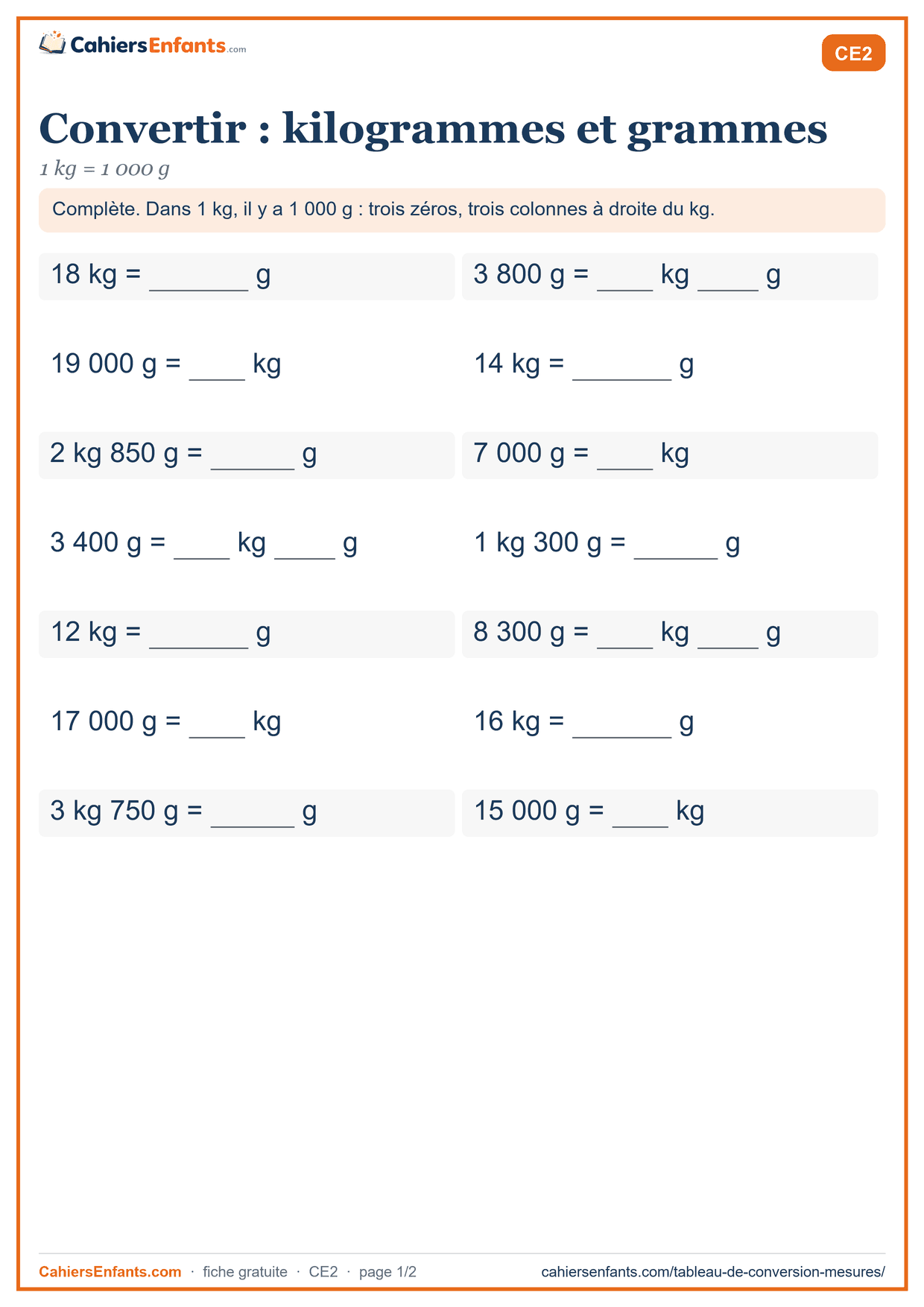 Fiche conversion CE2 à imprimer : kilogrammes et grammes, avec corrigé