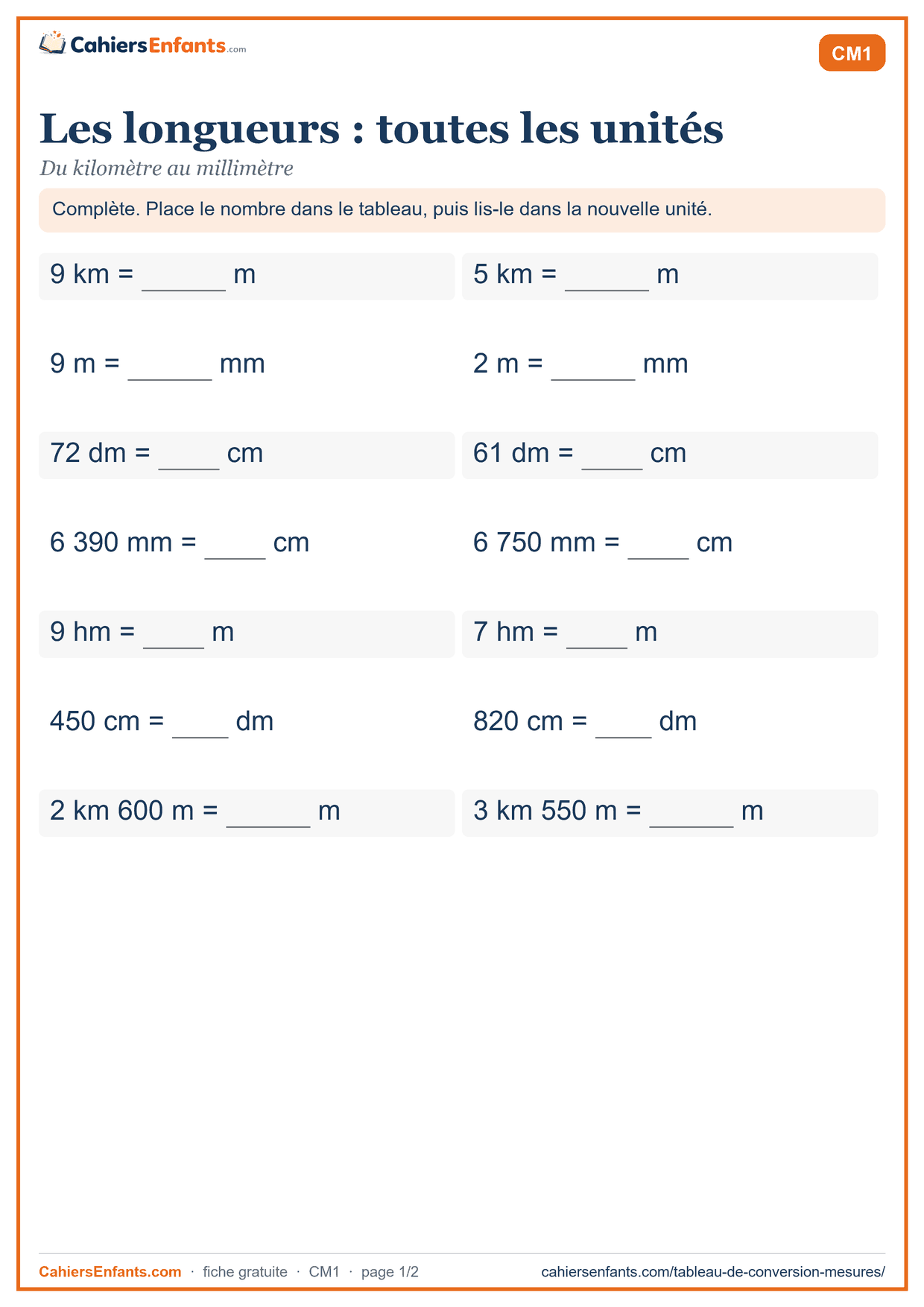 Fiche conversion de longueurs CM1 à imprimer : km, m, dm, cm, mm, avec corrigé