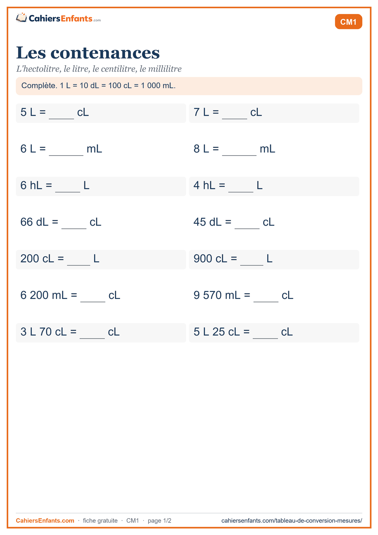 Fiche conversion de contenances CM1 à imprimer : hL, L, dL, cL, mL, avec corrigé