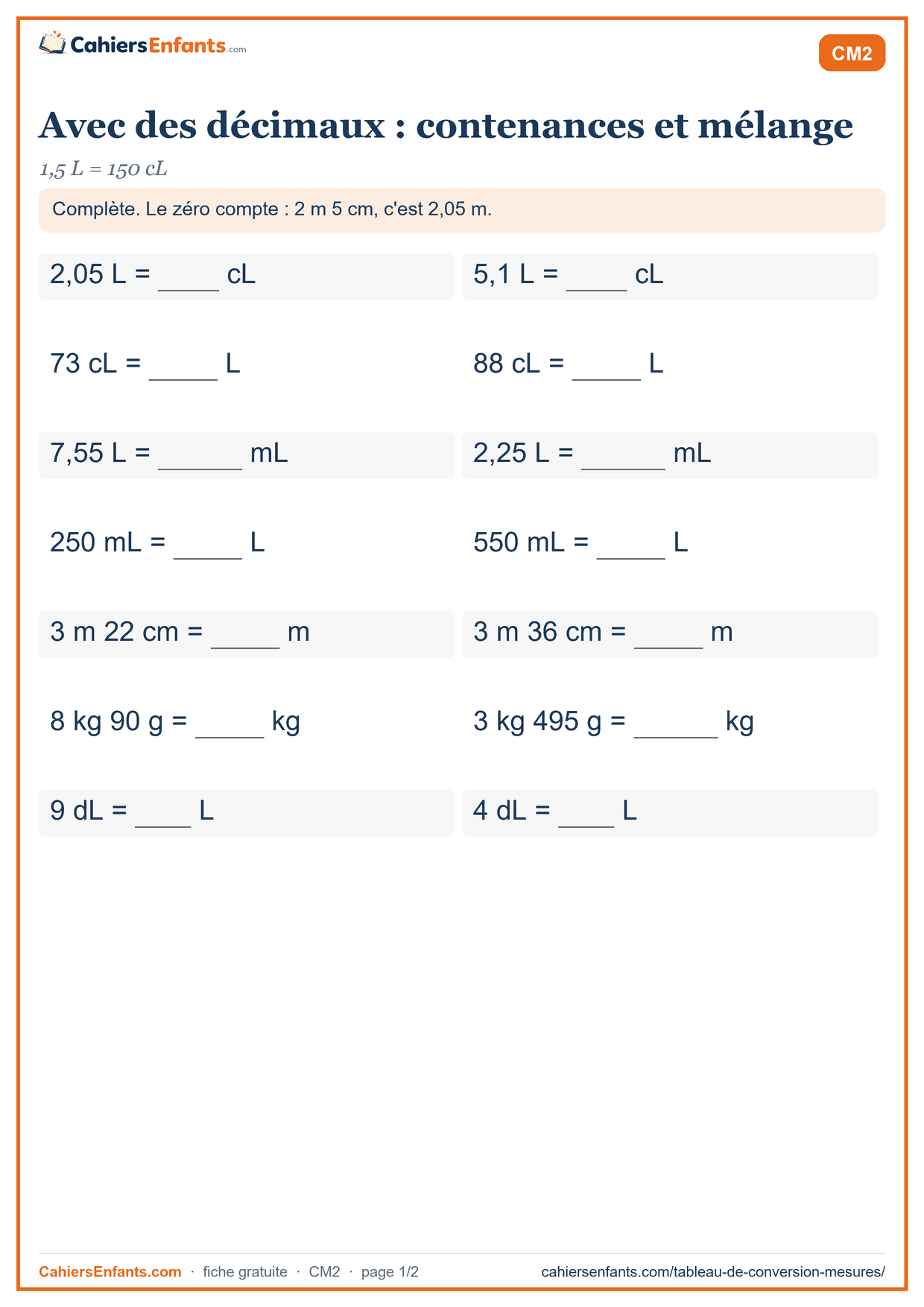 Fiche conversion avec des nombres décimaux CM2 à imprimer : contenances, avec corrigé
