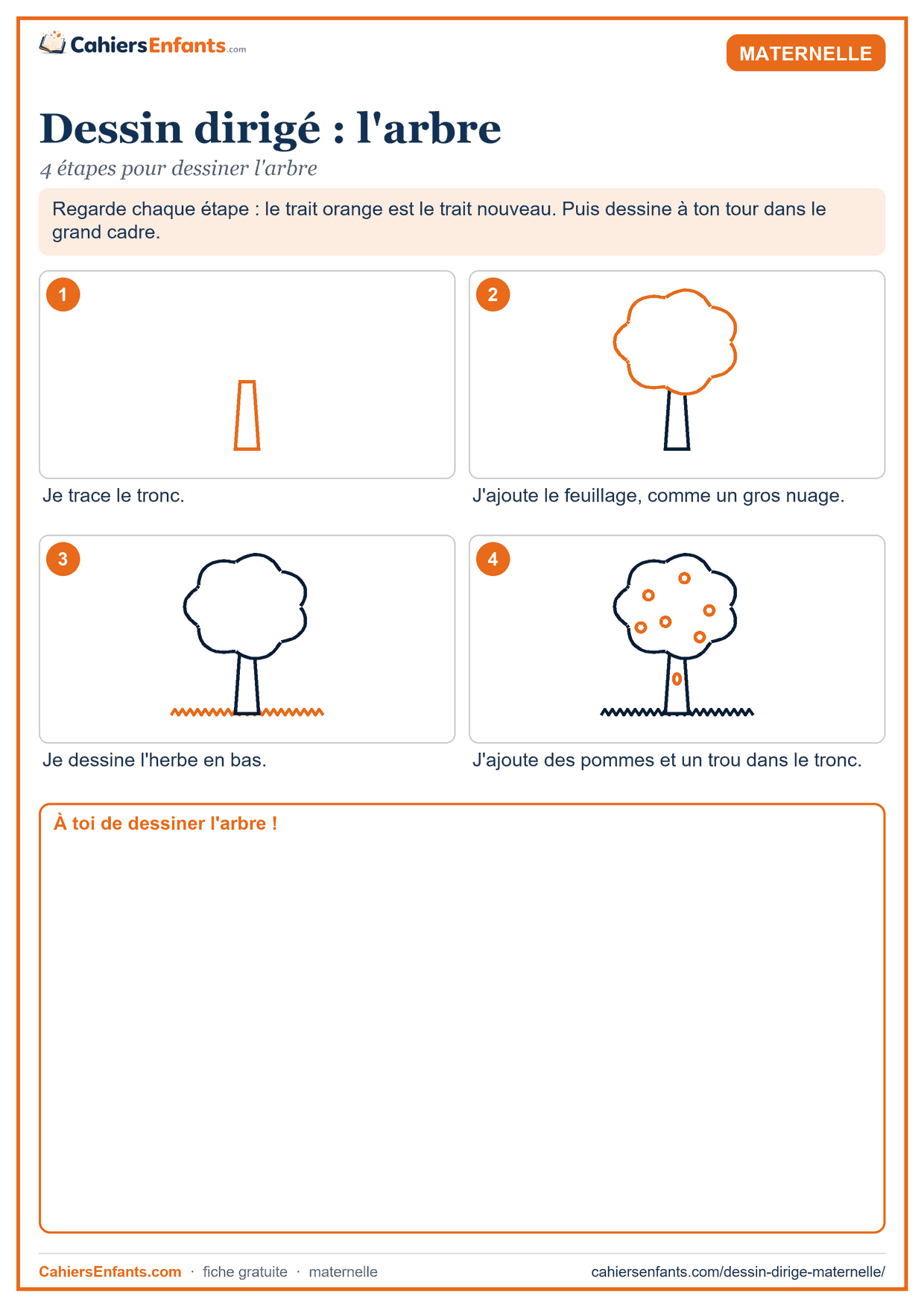 Dessin dirigé maternelle à imprimer : l'arbre en 4 étapes