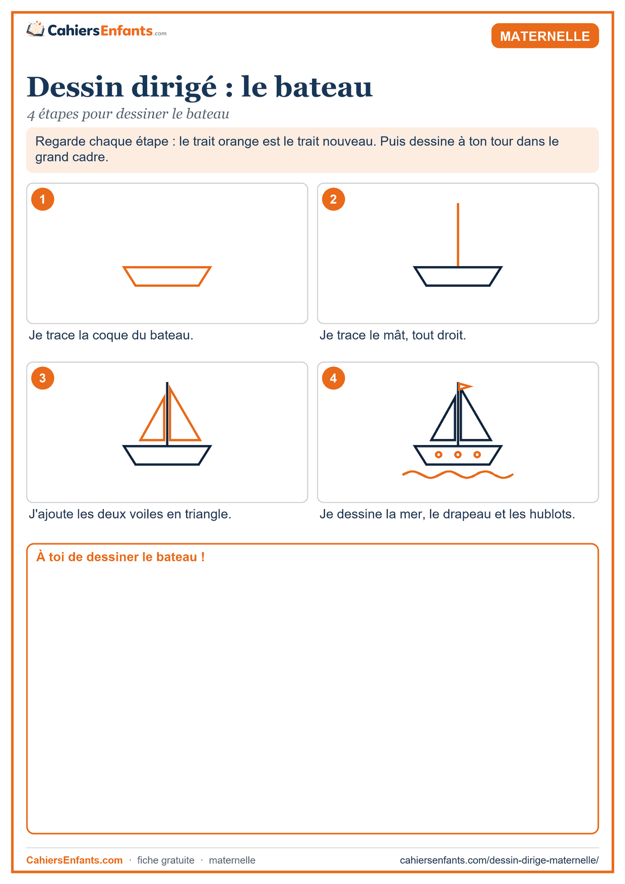 Dessin dirigé maternelle à imprimer : le bateau en 4 étapes