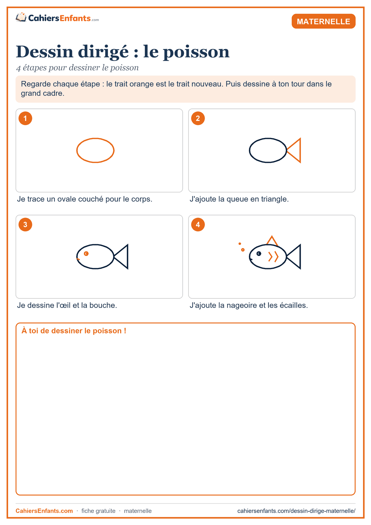 Dessin dirigé maternelle à imprimer : le poisson en 4 étapes