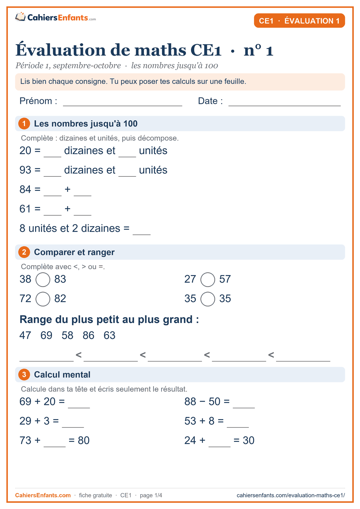 Évaluation maths CE1 n°1 à imprimer, période 1 (septembre-octobre) : numération, comparer, calcul mental