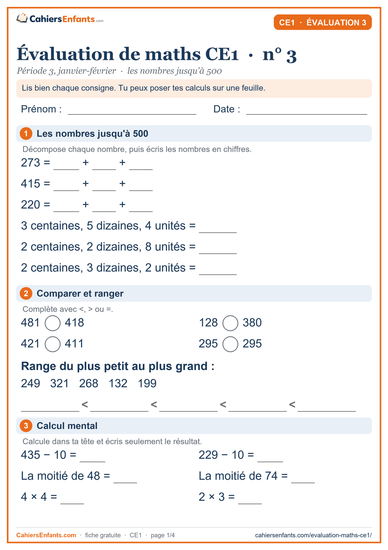 Évaluation maths CE1 n°3 à imprimer, période 3 (janvier-février) : numération, comparer, calcul mental