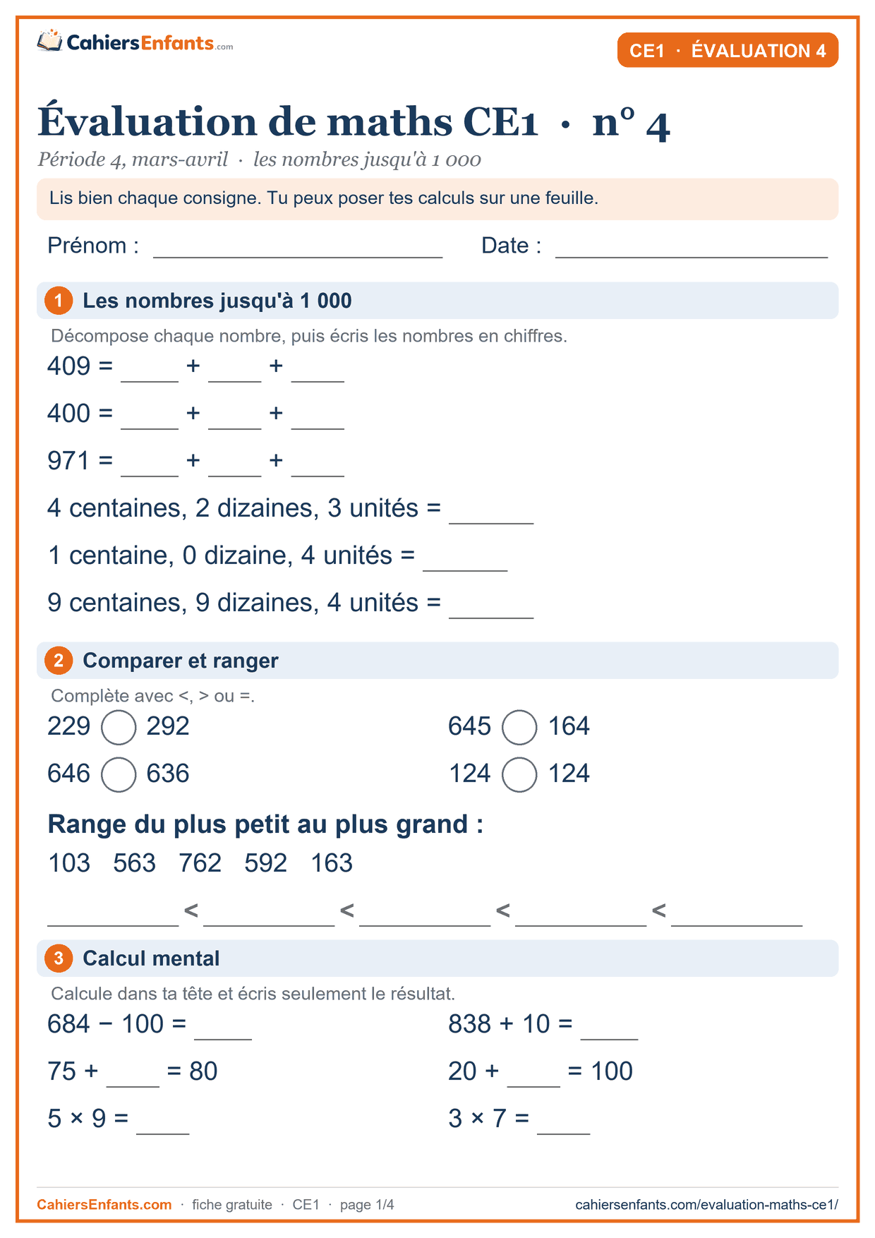 Évaluation maths CE1 n°4 à imprimer, période 4 (mars-avril) : numération, comparer, calcul mental