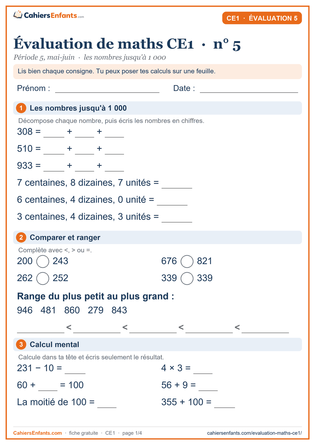 Évaluation maths CE1 n°5 à imprimer, période 5 (mai-juin) : numération, comparer, calcul mental