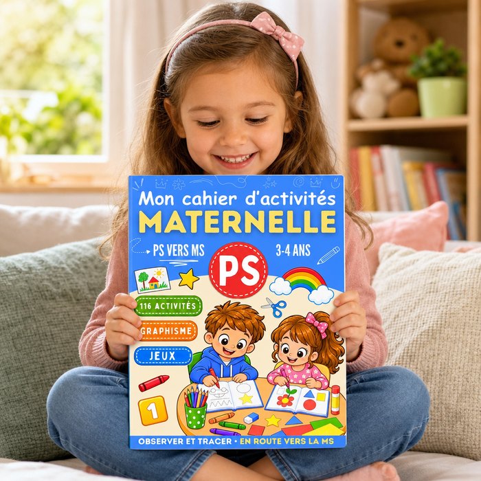 Une petite fille assise sur un canapé tient Mon cahier d'activités maternelle PS vers MS