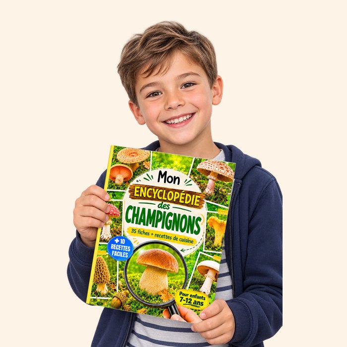 Un garçon souriant tient Mon Encyclopédie des Champignons