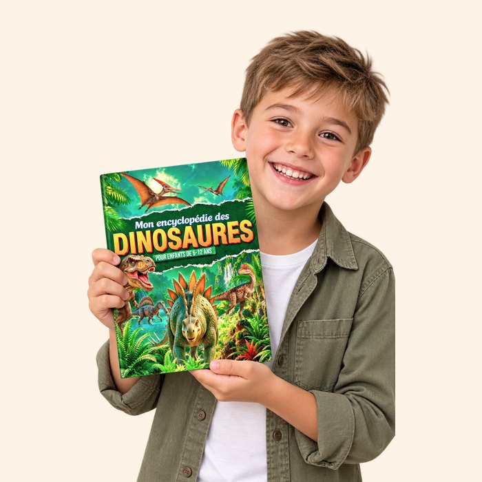Un garçon souriant tient Mon encyclopédie des Dinosaures