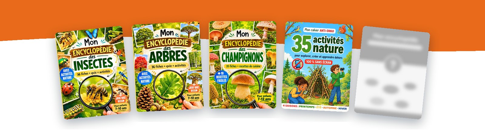 Les livres Mon Encyclopédie des Insectes, Mon Encyclopédie des Arbres, Mon Encyclopédie des Champignons et Mon Cahier Anti-Ennui, suivis d'un autre livre de la collection à paraître
