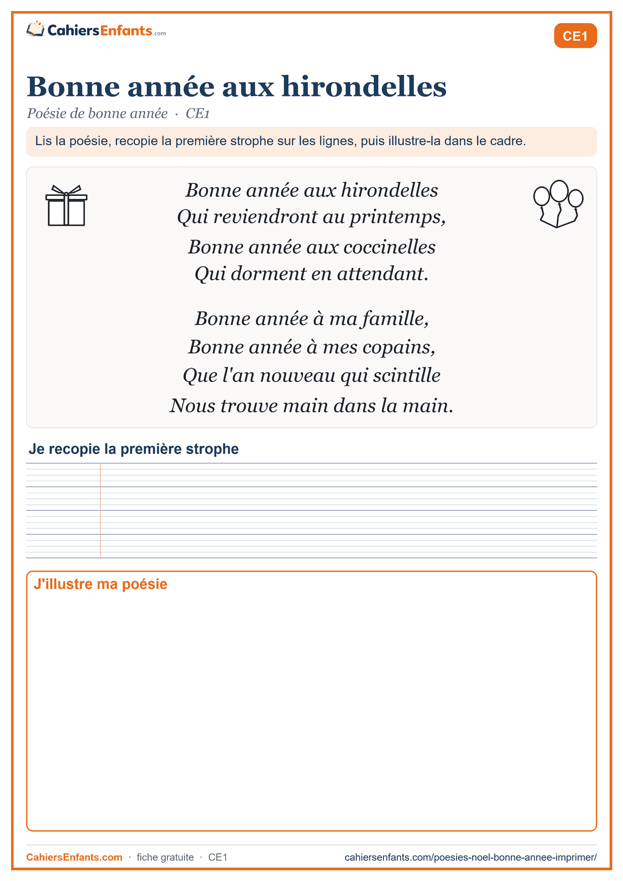 Poésie de bonne année CE1 à imprimer : Bonne année aux hirondelles, avec lignes Seyès et cadre à illustrer