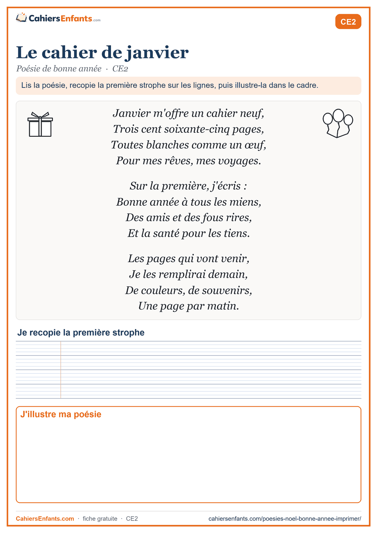 Poésie de bonne année CE2 à imprimer : Le cahier de janvier, avec lignes Seyès et cadre à illustrer
