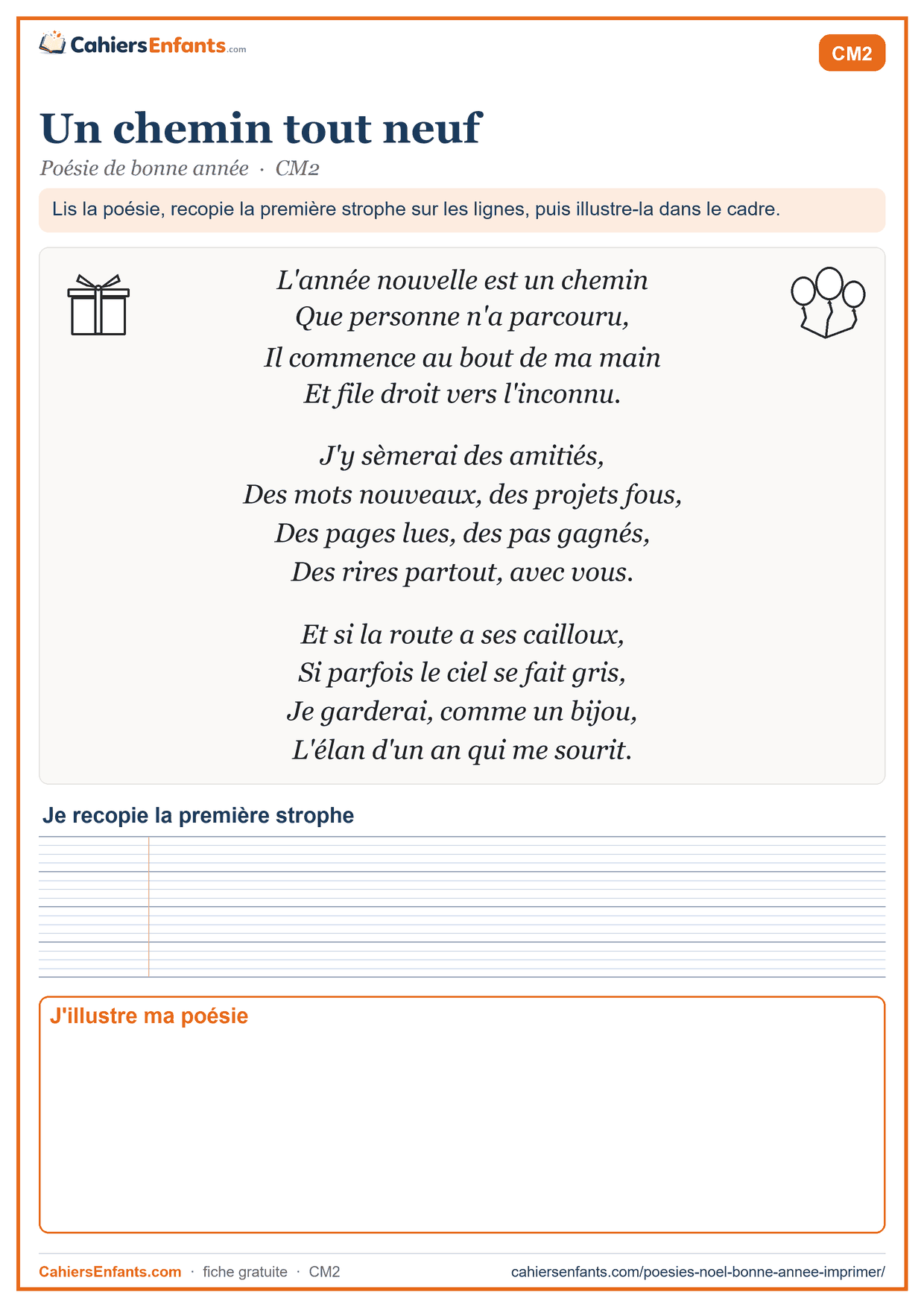 Poésie de bonne année CM2 à imprimer : Un chemin tout neuf, avec lignes Seyès et cadre à illustrer