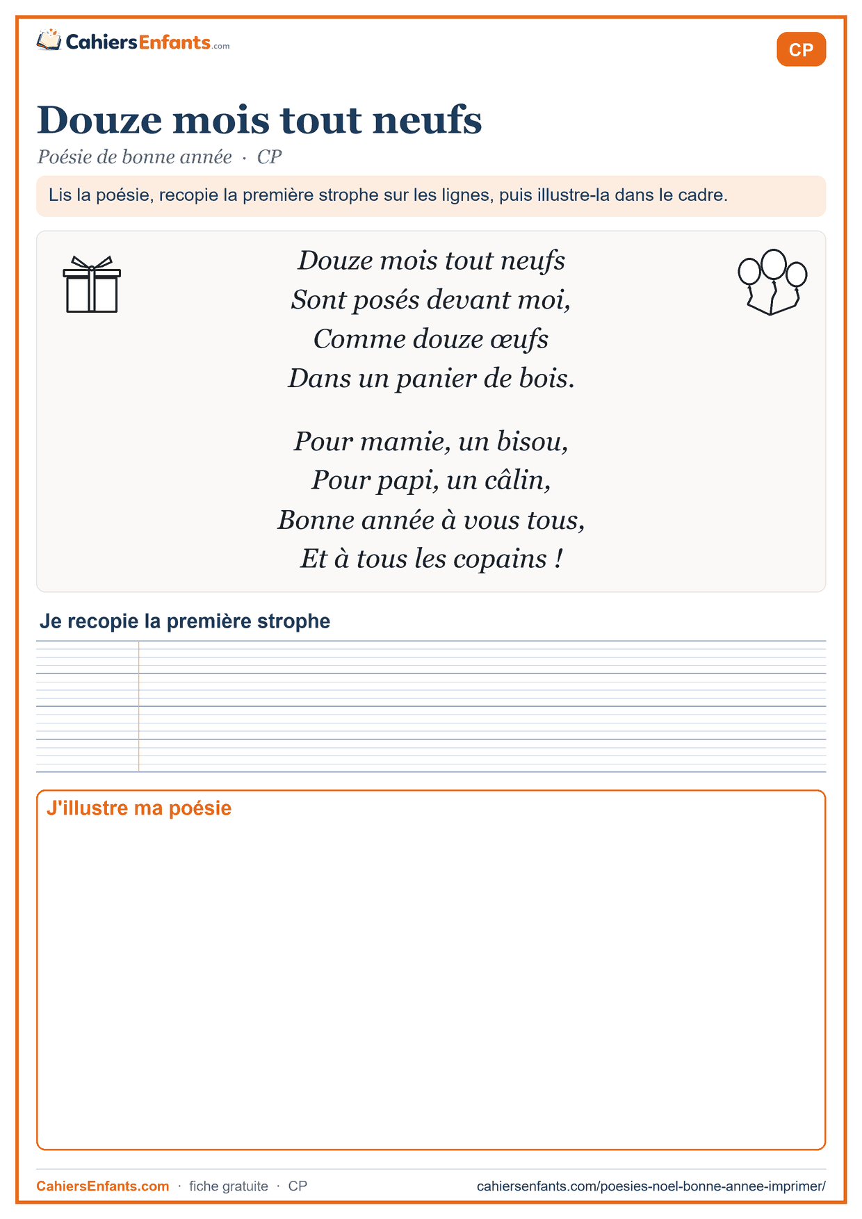 Poésie de bonne année CP à imprimer : Douze mois tout neufs, avec lignes Seyès et cadre à illustrer