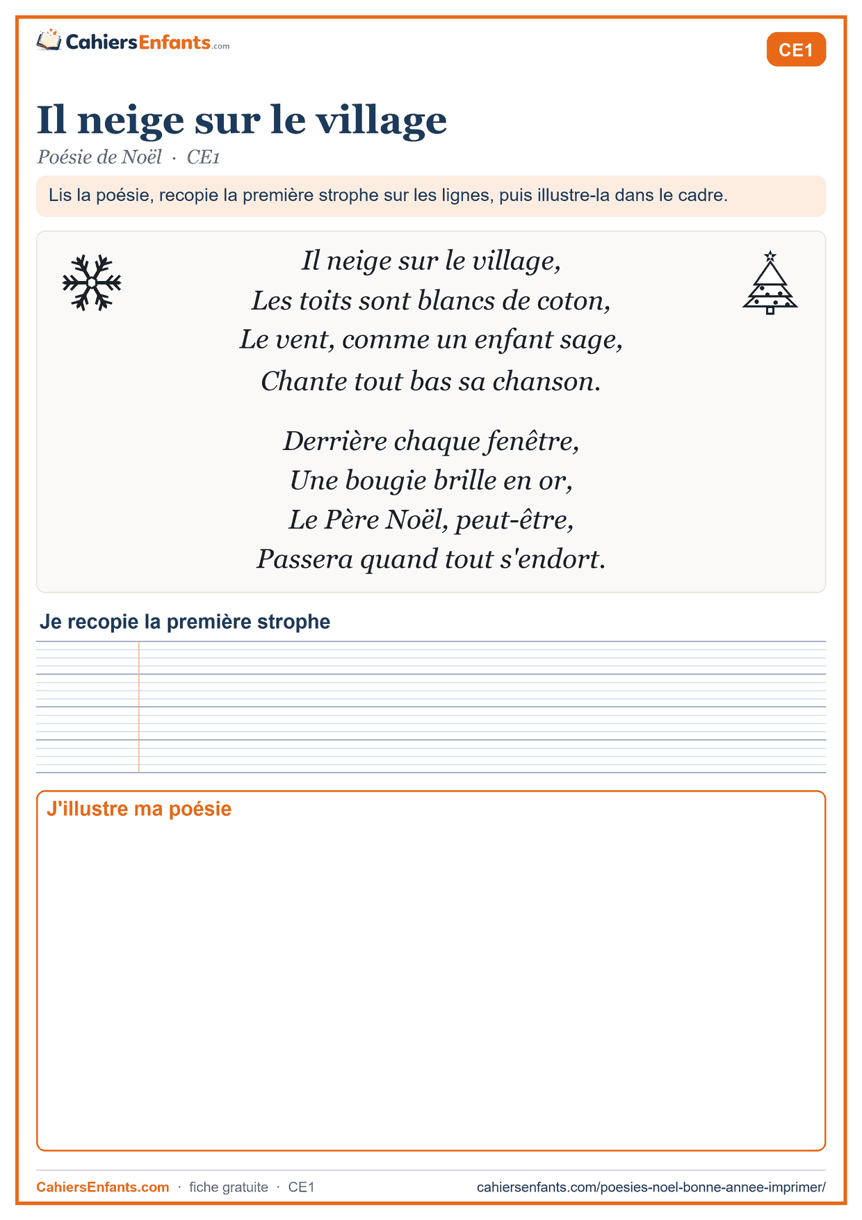 Poésie de Noël CE1 à imprimer : Il neige sur le village, avec lignes Seyès et cadre à illustrer