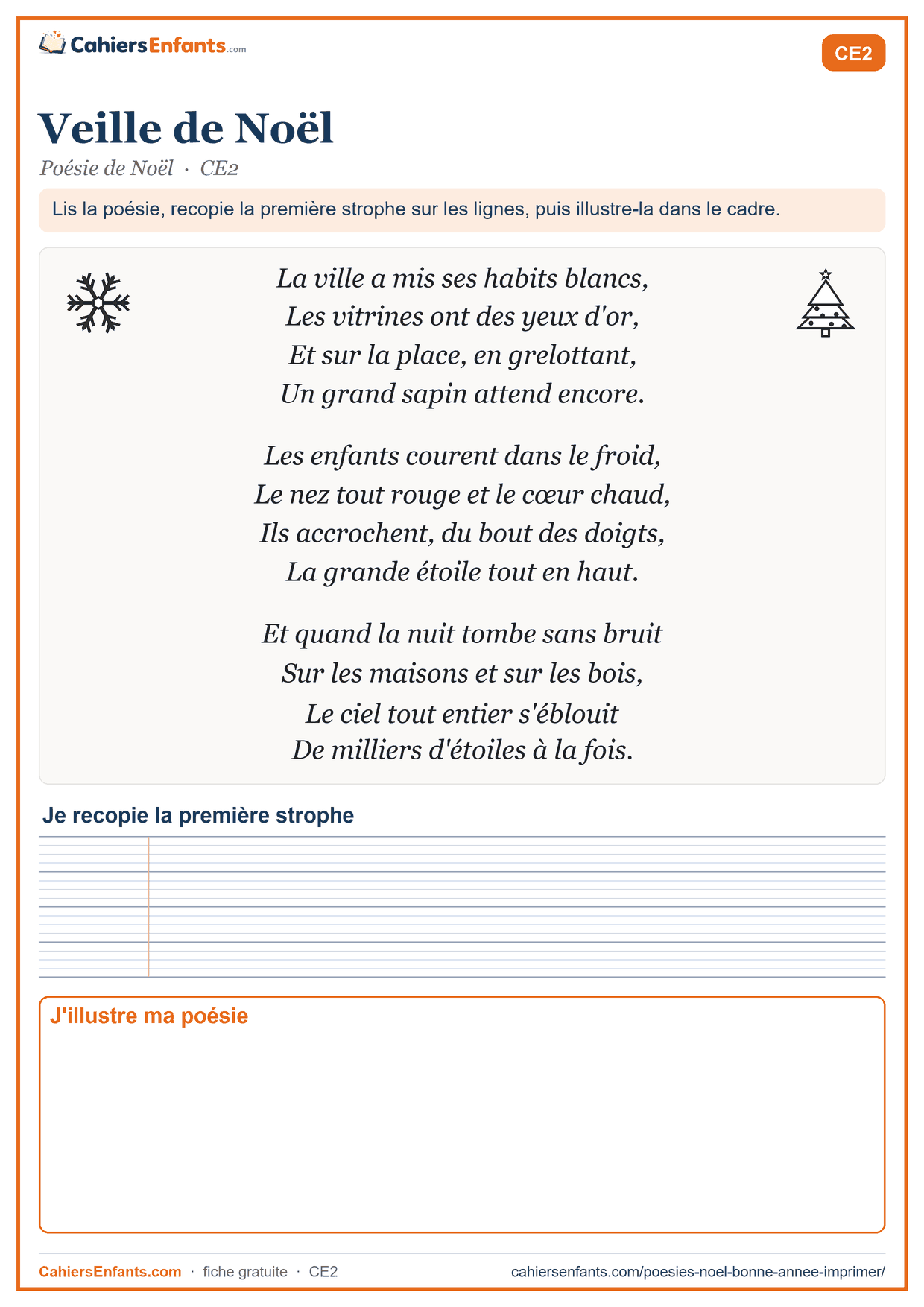 Poésie de Noël CE2 à imprimer : Veille de Noël, avec lignes Seyès et cadre à illustrer