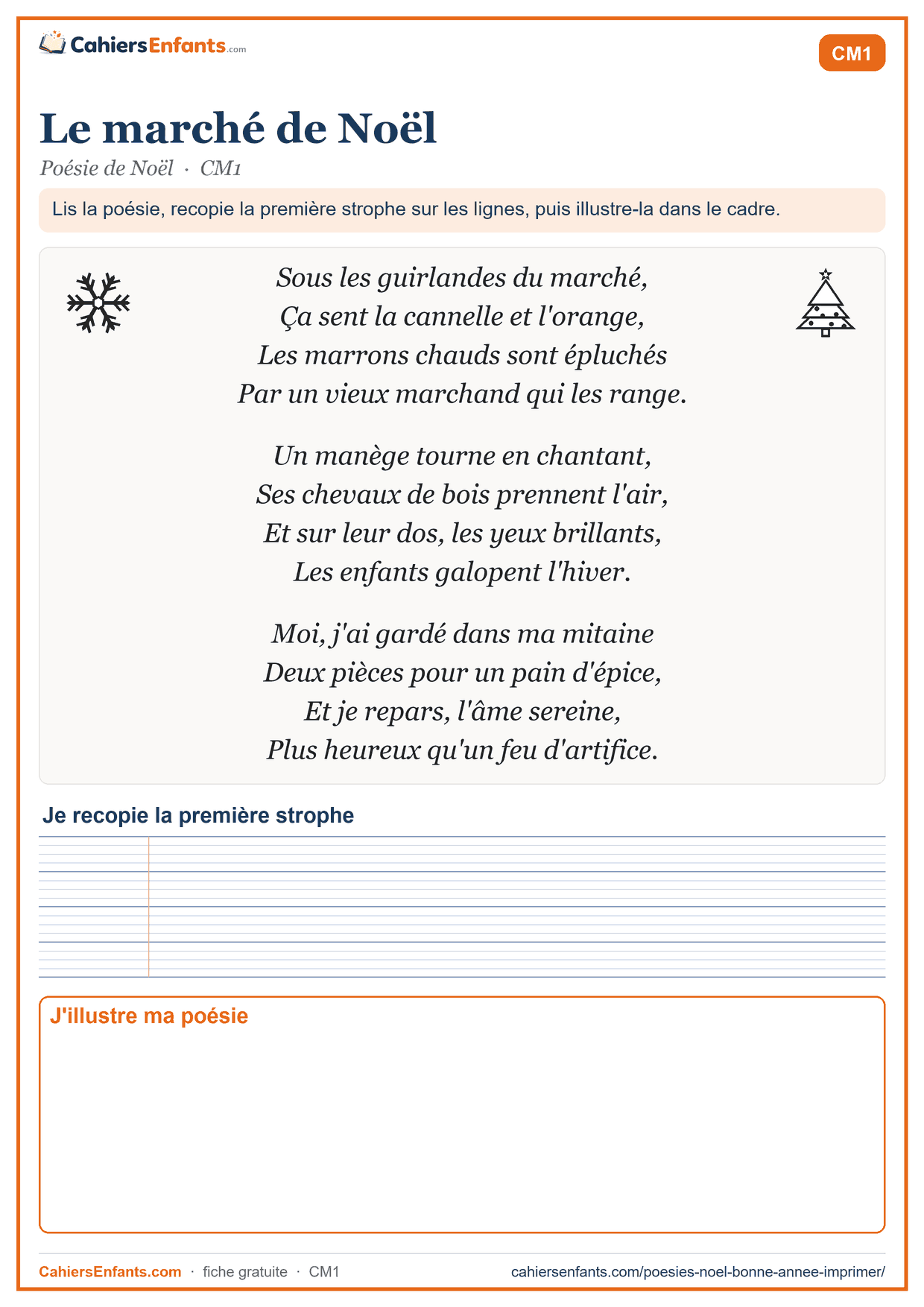 Poésie de Noël CM1 à imprimer : Le marché de Noël, avec lignes Seyès et cadre à illustrer