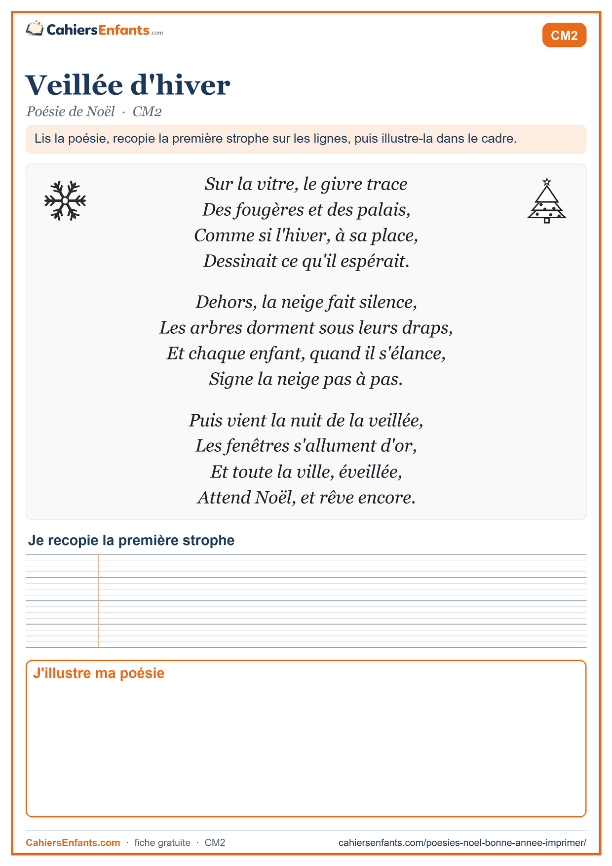 Poésie de Noël CM2 à imprimer : Veillée d'hiver, avec lignes Seyès et cadre à illustrer