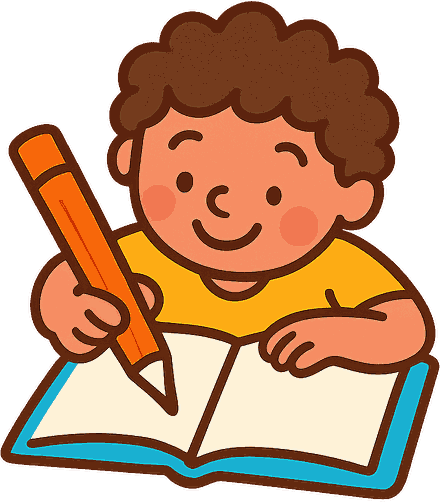 Un enfant qui écrit dans un cahier avec un gros crayon orange