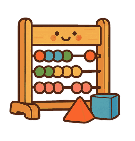 Un boulier en bois avec des boules de couleur et deux formes géométriques